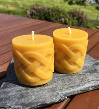 Load image into Gallery viewer, Pair of Celtic Knot + Bee Hive Beeswax Candles