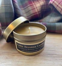 Load image into Gallery viewer, Gold Celtic Beeswax Travel Tin Candle
