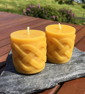 Pair of Celtic Knot + Bee Hive Beeswax Candles